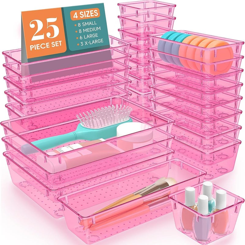 SpaceHacks 25 PCS Plastic Drawer Organizer Set, 4-Size Versatile Organizer Trays & storage Bins for Makeup, Jewelry, and Gadgets in Bathroom, Bedroom and Office, Clear Pink - Image 1